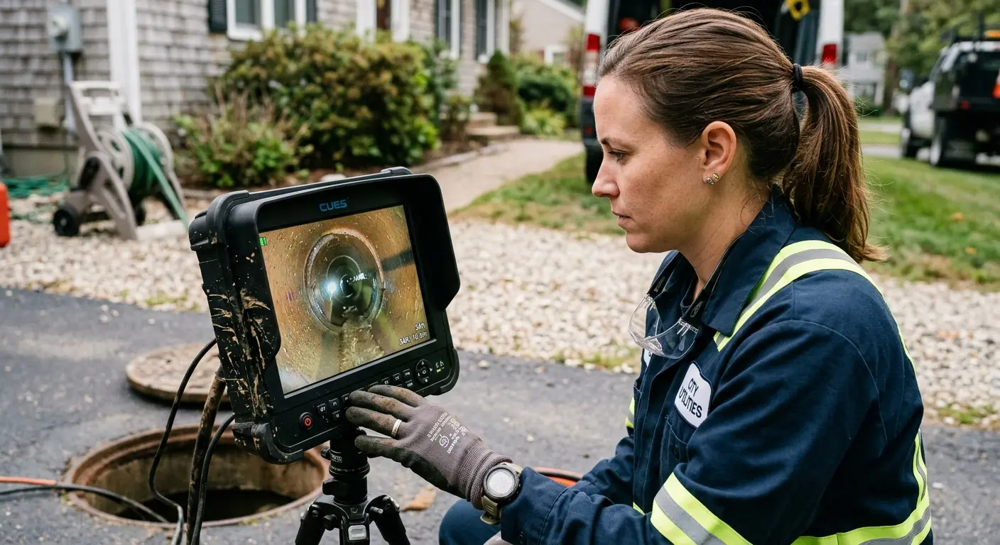 Technician reviewing sewer camera inspection footage in Sapulpa