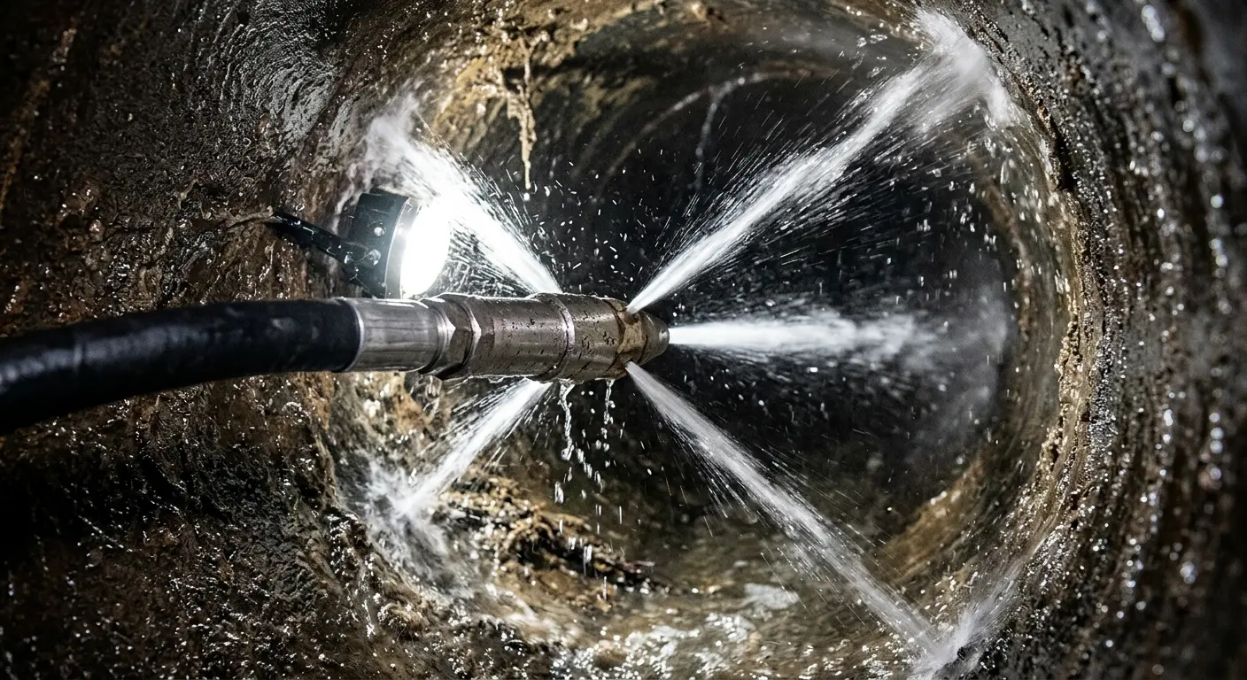High-pressure hydro jetting nozzle cleaning sewer pipe for Emergency Drain Service in Sapulpa