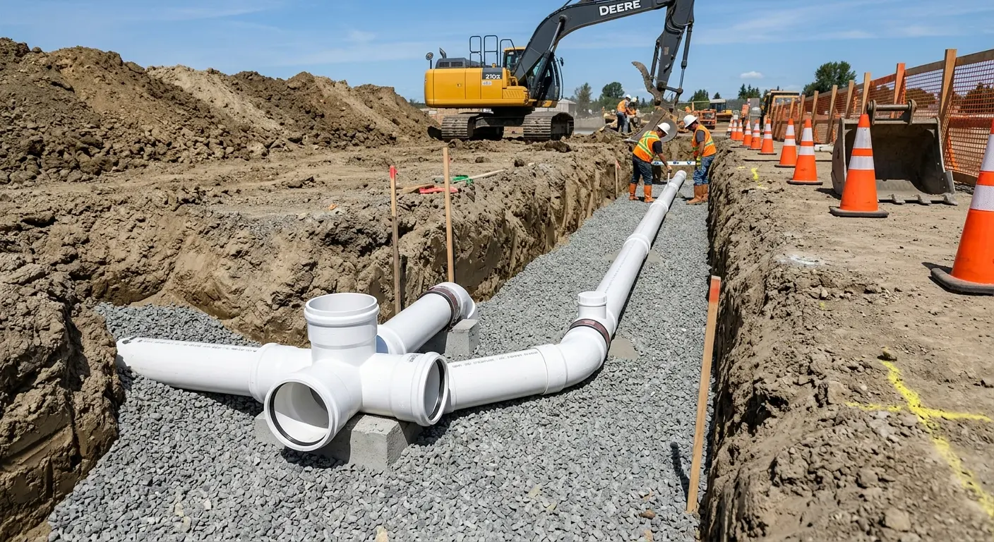 New PVC sewer pipe installation in open trench for Sewer Backup in Sapulpa