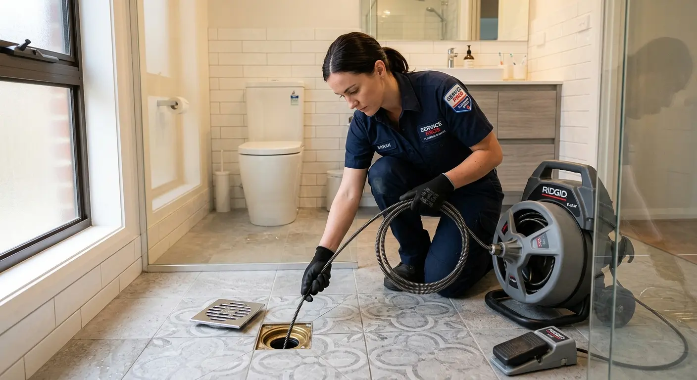 Technician clearing a bathroom floor drain for Drain Cleaning in Sapulpa